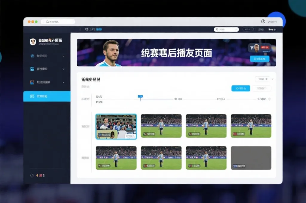 比赛结束后，电视屏幕展示集锦回放页面，旁边有时间轴和多角度切换提示